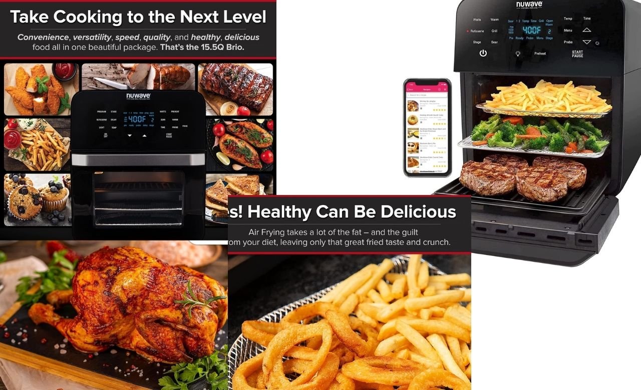 You are currently viewing Product Review:Nuwave Brio 15.5Qt Air Fryer Rotisserie Oven, X-Large Family Size, Powerful 1800W, 4 Rack Positions, 50°-425°F Temp Controls, 100 Presets & 50 Memory, Integrated Smart Thermometer, Linear T Technology
