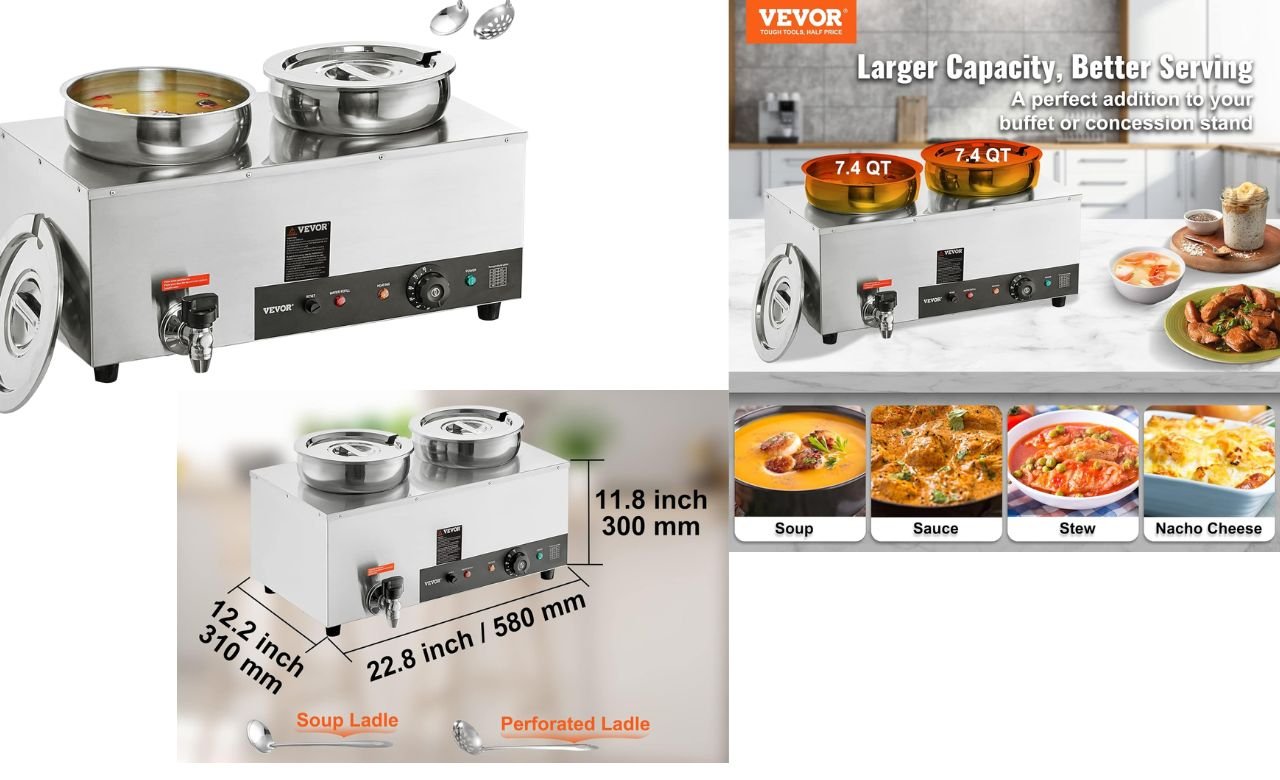 Read more about the article Product Review:VEVOR Electric Soup Warmer, Dual 7.4QT Stainless Steel Round Pot 86~185°F Adjustable Temp, 1200W Commercial Bain Marie with Anti-Dry Burn and Reset Button, Soup Station for Restaurant, Buffet, Silver