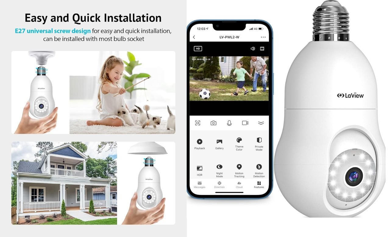 You are currently viewing Product Review:LaView 4MP Bulb Security Camera 2.4GHz,360° 2K Security Cameras Wireless Outdoor Indoor Full Color Day and Night, Motion Detection, Audible Alarm, Easy Installation, Compatible with Alexa
